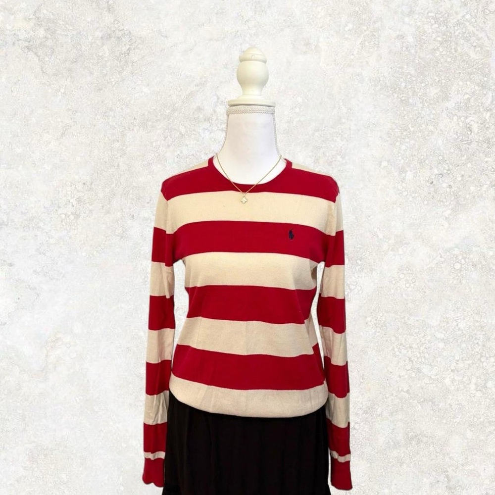 Ralph Lauren Women's Red and Cream Striped top
